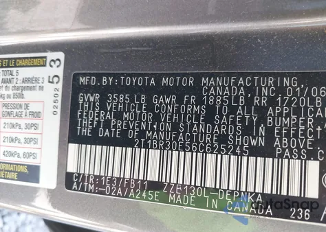 2006 Toyota Corolla Le z USA, uszkodzony, nr VIN 2T1BR30E56C625245